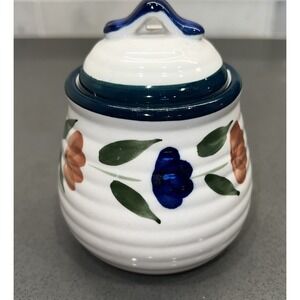 Hand Painted Ceramic Sugar Bowl Blue & Pink Flowers Green Trim